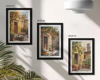 Bilderwand mit Zitrusfrüchten in einem sonnigen Innenhof mit Pflanzen