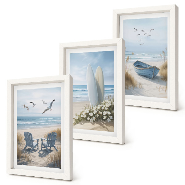 Bilderwand Strand mit Surfbrettern, Booten und Vögeln