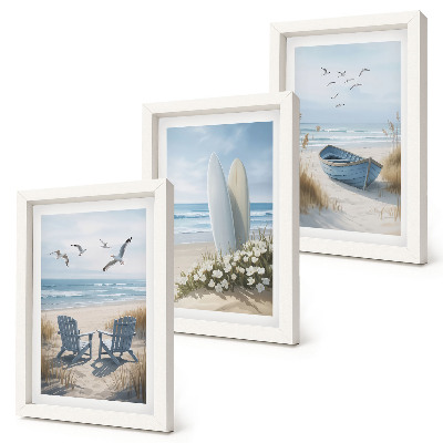 Bilderwand Strand mit Surfbrettern, Booten und Vögeln