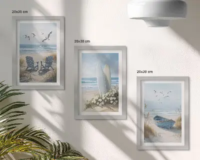 Bilderwand mit Strandmotiv, Surfbrettern, Booten und Vögeln