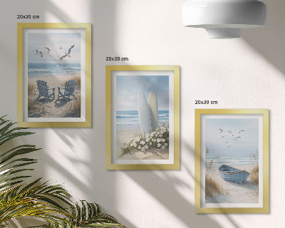 Bilderwand Strand mit Surfbrettern, Booten und Vögeln