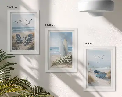 Bilderwand mit Strandmotiv, Surfbrettern, Booten und Vögeln