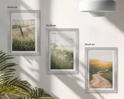 Bilderwand mit Landschaftsmotiv von Wiese, Straße und Sonnenuntergang