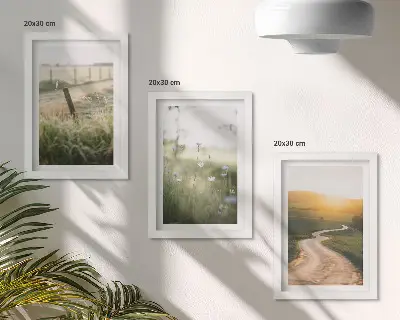 Bilderwand mit Landschaftsmotiv von Wiese, Straße und Sonnenuntergang