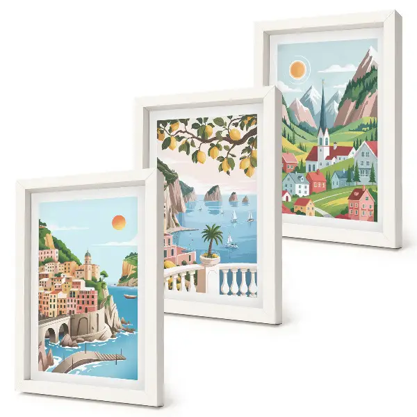 Bilderwand mit malerischen Landschaften von Meer und Zitrusfrüchten