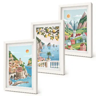 Bilderwand mit malerischen Landschaften von Meer und Zitrusfrüchten