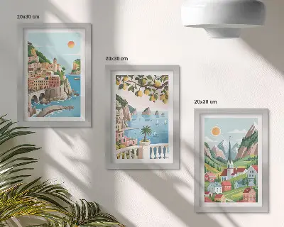 Bilderwand mit malerischen Landschaften von Meer und Zitrusfrüchten