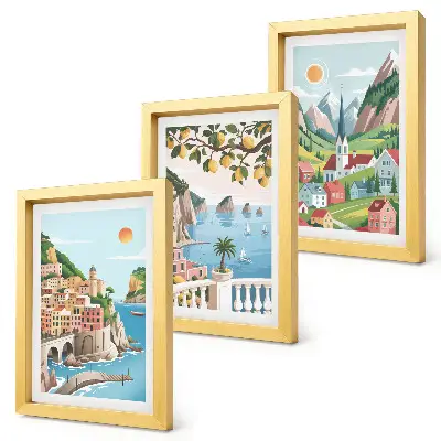 Bilderwand mit malerischen Landschaften von Meer und Zitrusfrüchten