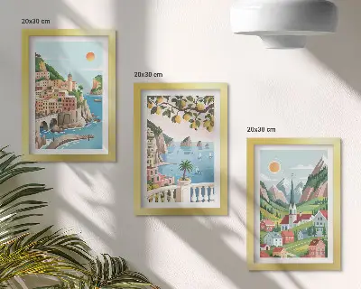 Bilderwand mit malerischen Landschaften von Meer und Zitrusfrüchten