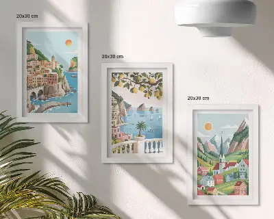 Bilderwand mit malerischen Landschaften von Meer und Zitrusfrüchten