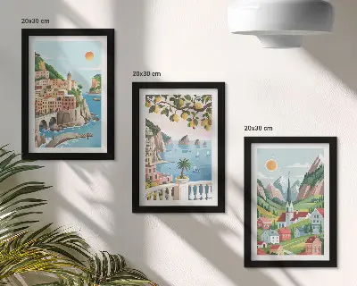 Bilderwand mit malerischen Landschaften von Meer und Zitrusfrüchten