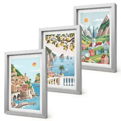 Bilderwand mit malerischen Landschaften von Meer und Zitrusfrüchten
