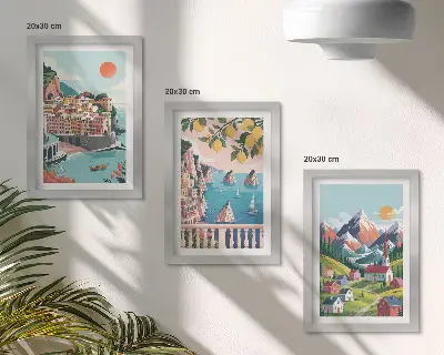 Fotowand mit farbenfrohen Berglandschaften und Küstenstädten
