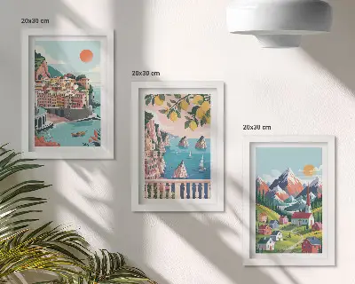 Fotowand mit farbenfrohen Berglandschaften und Küstenstädten