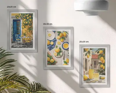 Fotowand mit Zitronengarten sowie Zitronen und Getränken auf dem Tisch