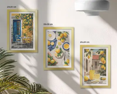 Fotowand mit Zitronengarten sowie Zitronen und Getränken auf dem Tisch