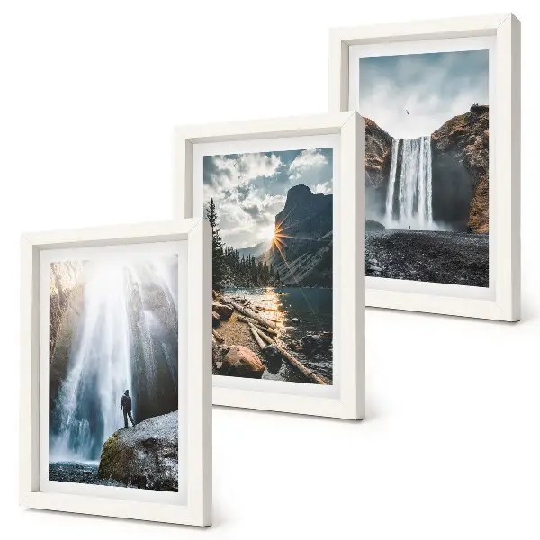 Bilderwand mit Wasserfällen in den Bergen und wunderschönen Naturlandschaften