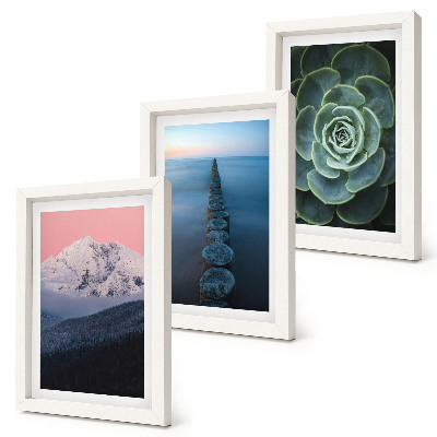 Bilderset mit rahmen Berge mit rosa Himmel, Wasser und grünen Sukkulenten