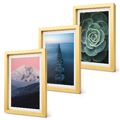 Bilderset mit rahmen Berge mit rosa Himmel, Wasser und grünen Sukkulenten