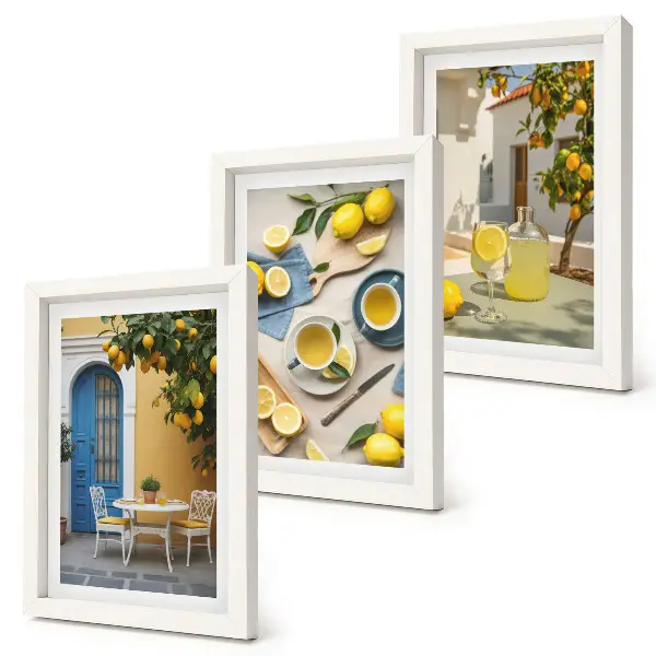 Bilderwand mit Motiven von Zitronenlimonade, blauen Türen und Sommeraussichten