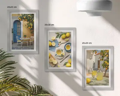 Bilderwand mit Motiven von Zitronenlimonade, blauen Türen und Sommeraussichten
