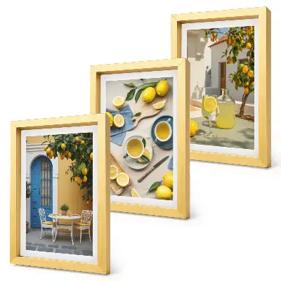 Bilderwand mit Motiven von Zitronenlimonade, blauen Türen und Sommeraussichten