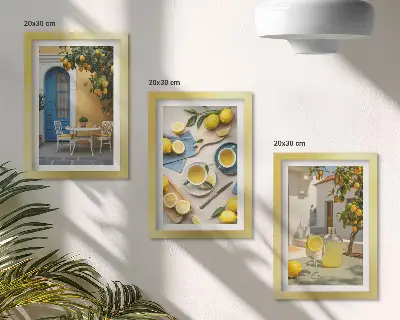 Bilderwand mit Motiven von Zitronenlimonade, blauen Türen und Sommeraussichten