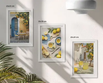 Bilderwand mit Motiven von Zitronenlimonade, blauen Türen und Sommeraussichten