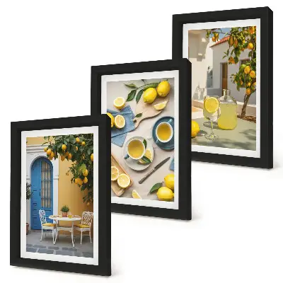 Bilderwand mit Motiven von Zitronenlimonade, blauen Türen und Sommeraussichten