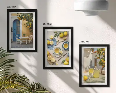 Bilderwand mit Motiven von Zitronenlimonade, blauen Türen und Sommeraussichten