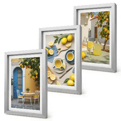 Bilderwand mit Motiven von Zitronenlimonade, blauen Türen und Sommeraussichten