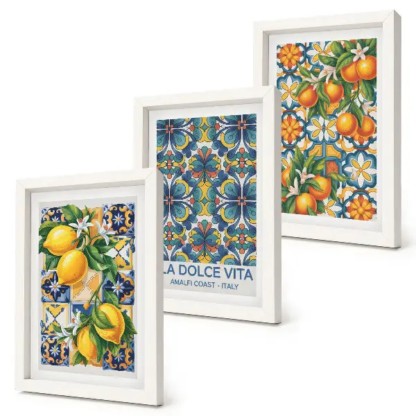 Bilderwand mit Zitronen- und Orangenblüten in farbenfrohen Mustern