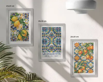 Bilderwand mit Zitronen- und Orangenblüten in farbenfrohen Mustern