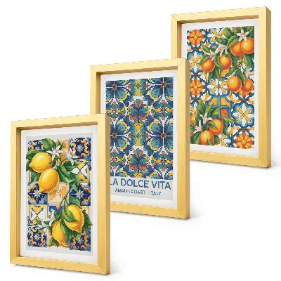 Bilderwand mit Zitronen- und Orangenblüten in farbenfrohen Mustern