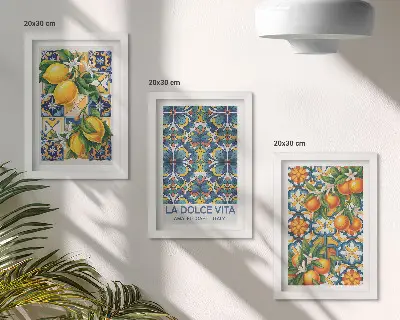Bilderwand mit Zitronen- und Orangenblüten in farbenfrohen Mustern