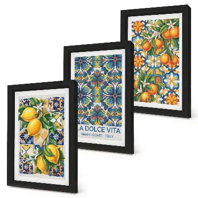 Bilderwand mit Zitronen- und Orangenblüten in farbenfrohen Mustern