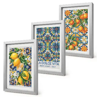 Bilderwand mit Zitronen- und Orangenblüten in farbenfrohen Mustern