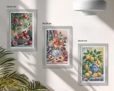 Gemalte Blumen und Früchte in Vasen bilderset mit Rahmen