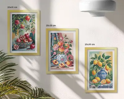 Gemalte Blumen und Früchte in Vasen bilderset mit Rahmen