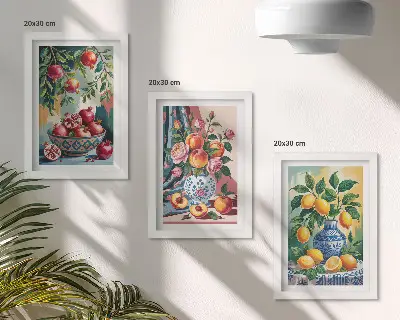 Gemalte Blumen und Früchte in Vasen bilderset mit Rahmen