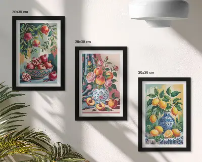 Gemalte Blumen und Früchte in Vasen bilderset mit Rahmen