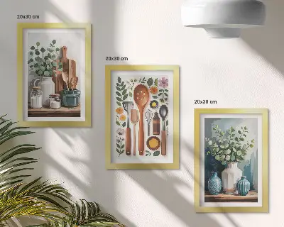 Fotowand mit Küchenaccessoires und Pflanzen im modernen Stil