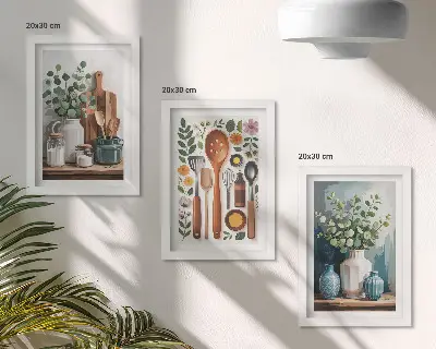 Fotowand mit Küchenaccessoires und Pflanzen im modernen Stil