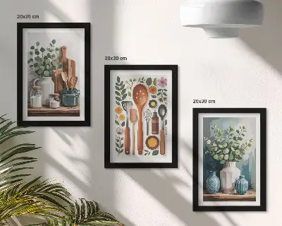 Fotowand mit Küchenaccessoires und Pflanzen im modernen Stil