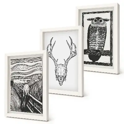 Bilderwand im Grafikstil inspiriert vom Scream-Bild mit Totenkopf und Eule
