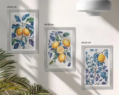 Fotowand mit Motiv Zitronen an Zweigen mit blauen Blättern