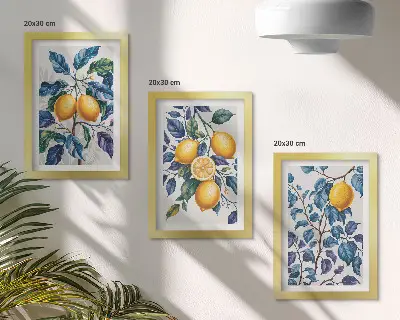 Fotowand mit Motiv Zitronen an Zweigen mit blauen Blättern