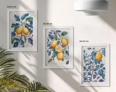 Fotowand mit Motiv Zitronen an Zweigen mit blauen Blättern