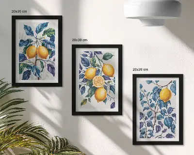 Fotowand mit Motiv Zitronen an Zweigen mit blauen Blättern