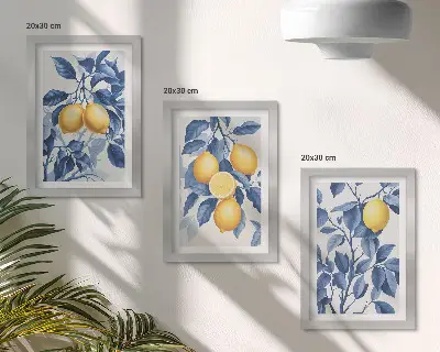 Bilderwand mit Zitronen an Zweigen und blauen Blättern
